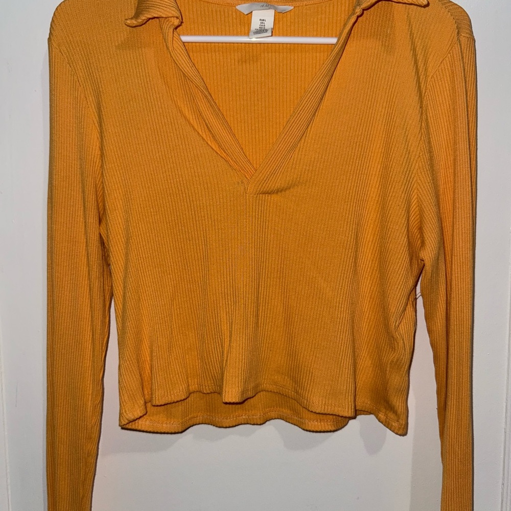 Women's Orange mustard yellow Ribbed Top long sleeve collar